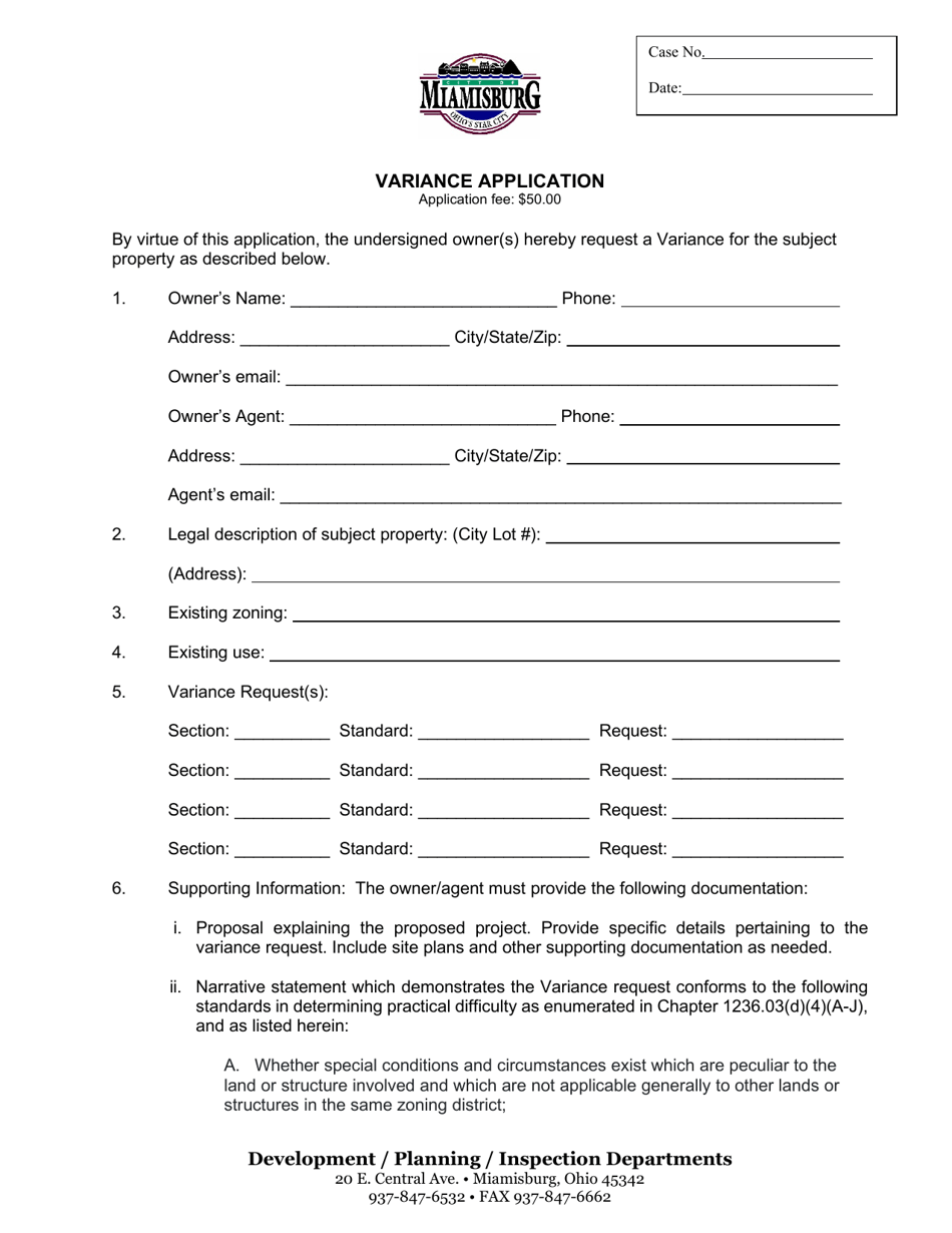 Variance Application - City of Miamisburg, Ohio, Page 1