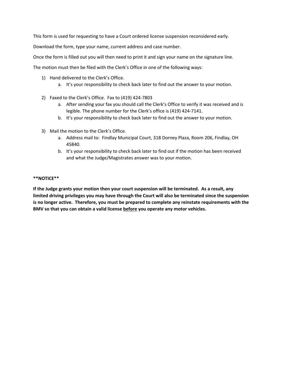 City of Findlay Ohio Motion to Reinstate License Fill Out Sign Online and Download PDF City of Findlay Ohio Motion to Reinstate License Fill Out Sign Online and Download PDF