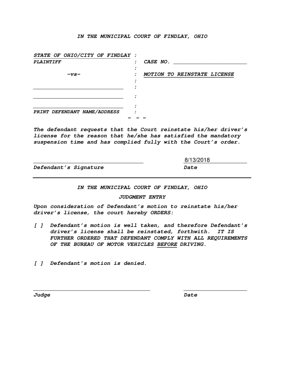 Motion to Reinstate License - City of Findlay, Ohio, Page 2