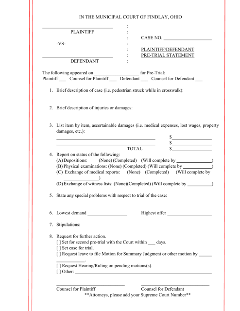 Plaintiff / Defendant Pre-trial Statement - City of Findlay, Ohio Download Pdf