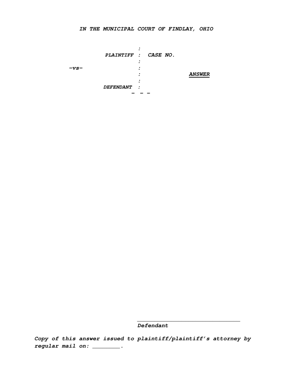 Civil Answer Form - City of Findlay, Ohio, Page 2