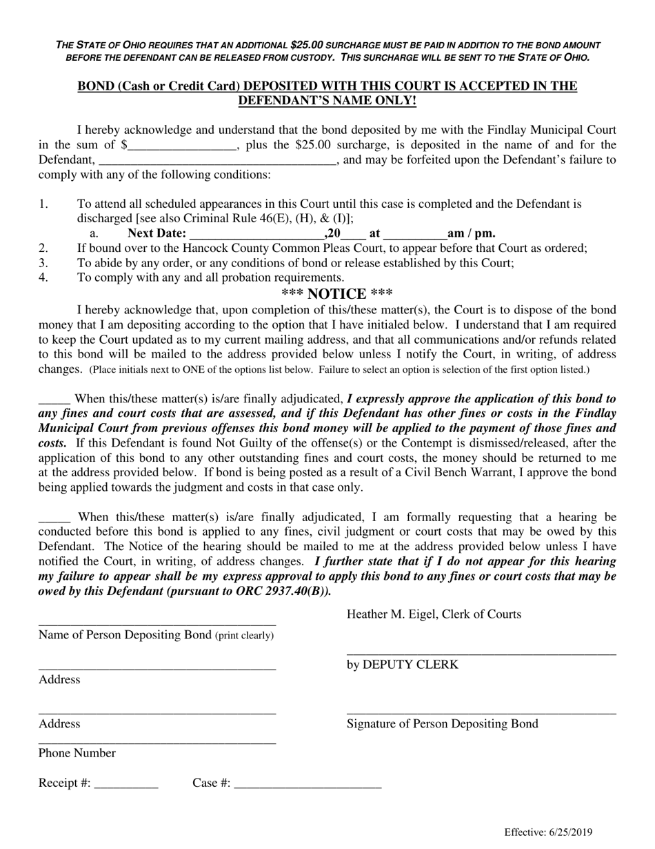 Traffic / Criminal Bond Form - City of Findlay, Ohio, Page 1