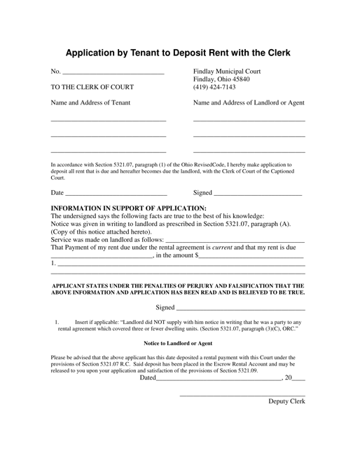 Application by Tenant to Deposit Rent With the Clerk - City of Findlay, Ohio Download Pdf
