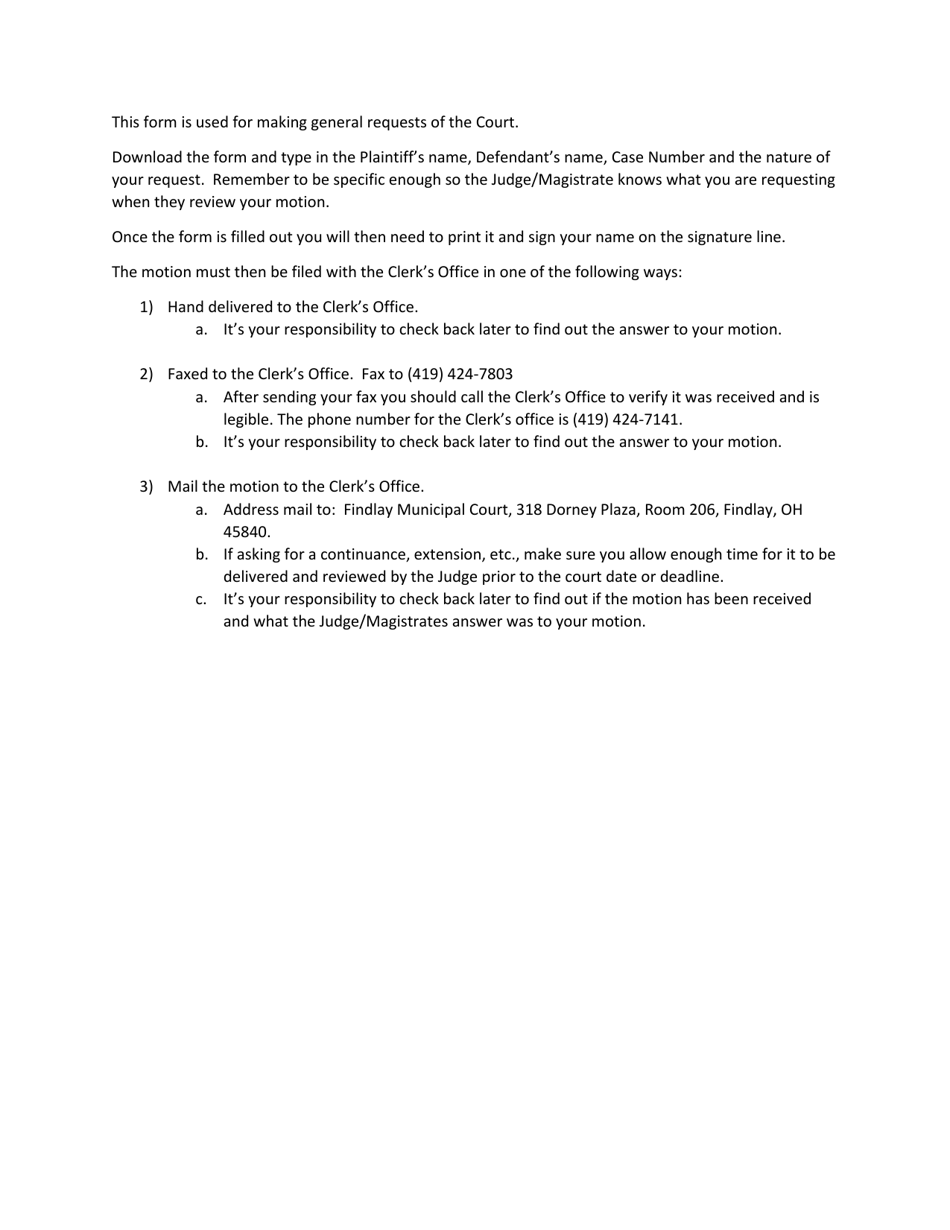 City of Findlay, Ohio Motion Form for Civil Cases Fill Out, Sign