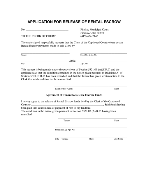 Application for Release of Rental Escrow - City of Findlay, Ohio Download Pdf