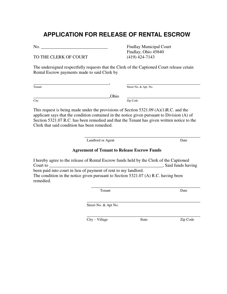 Application for Release of Rental Escrow - City of Findlay, Ohio, Page 1