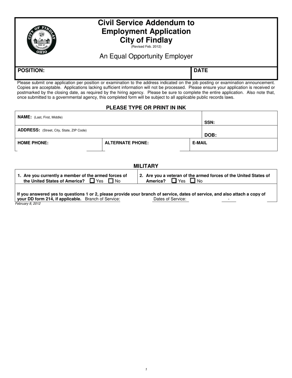 Civil Service Addendum to Employment Application - City of Findlay, Ohio, Page 1