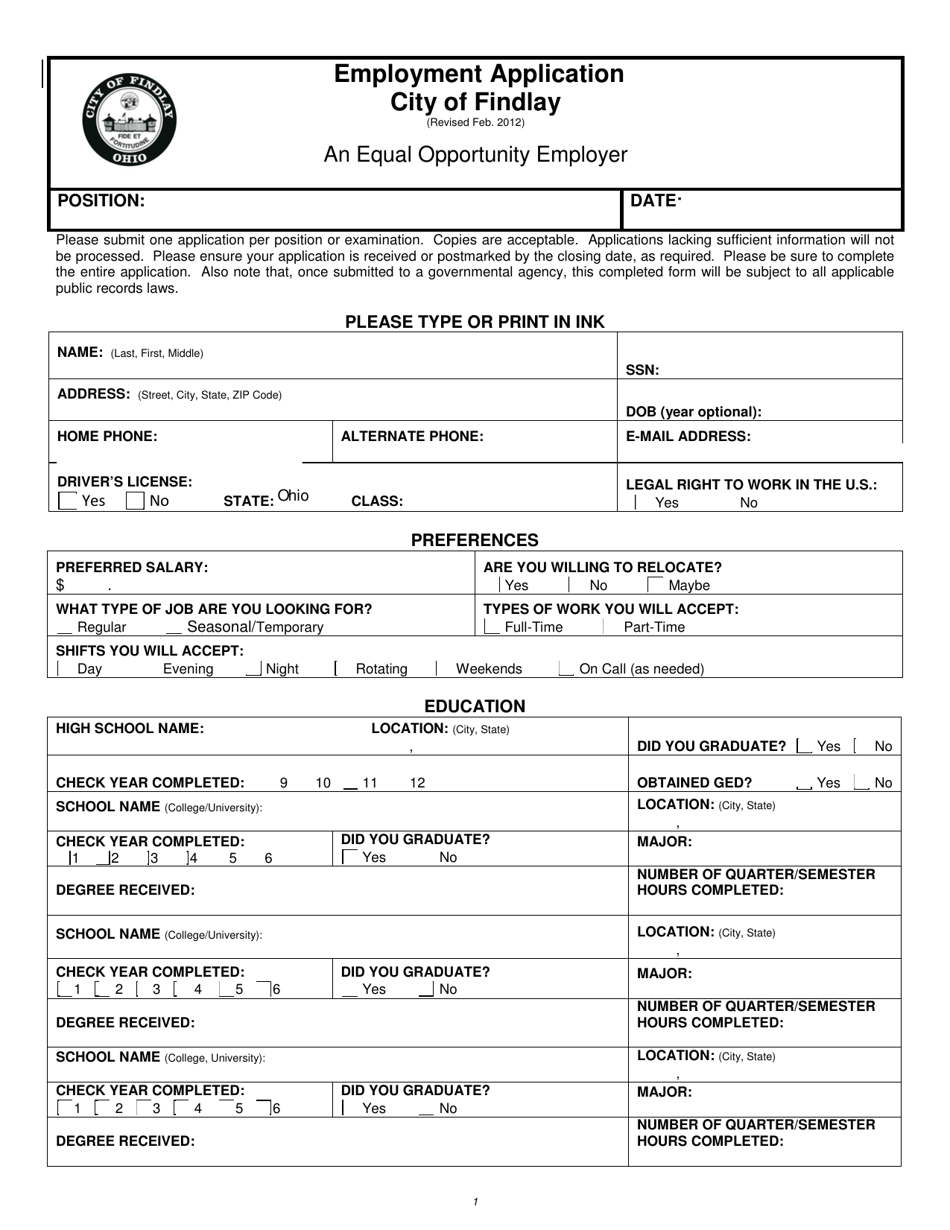 City of Findlay, Ohio Employment Applicatiinon Fill Out, Sign Online