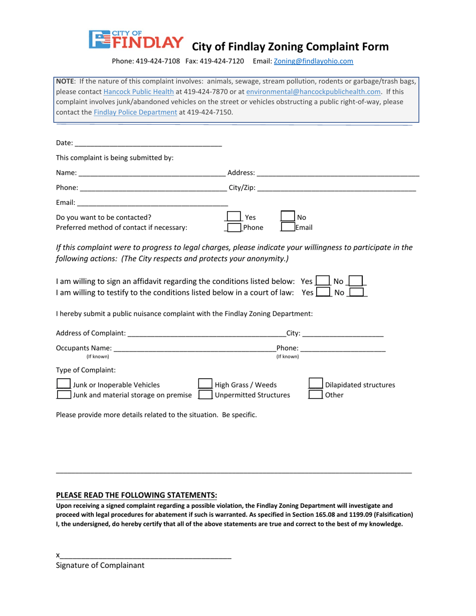 Zoning Complaint Form - City of Findlay, Ohio, Page 1