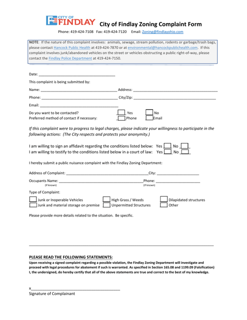 Zoning Complaint Form - City of Findlay, Ohio Download Pdf