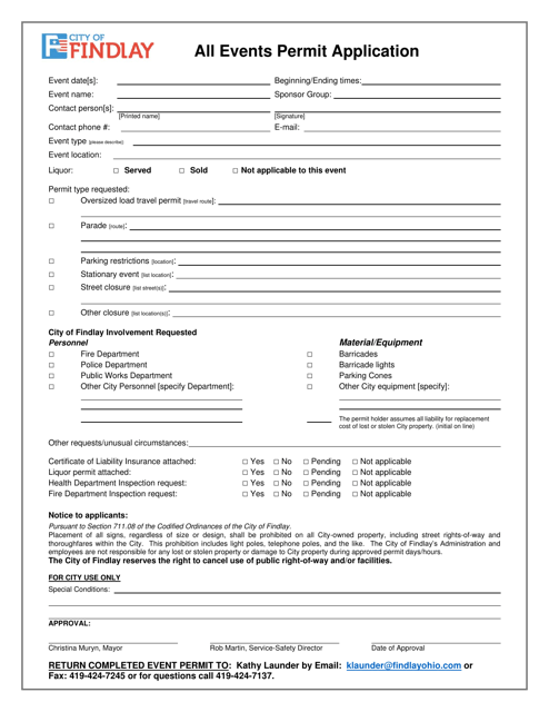 All Events Permit Application - City of Findlay, Ohio Download Pdf