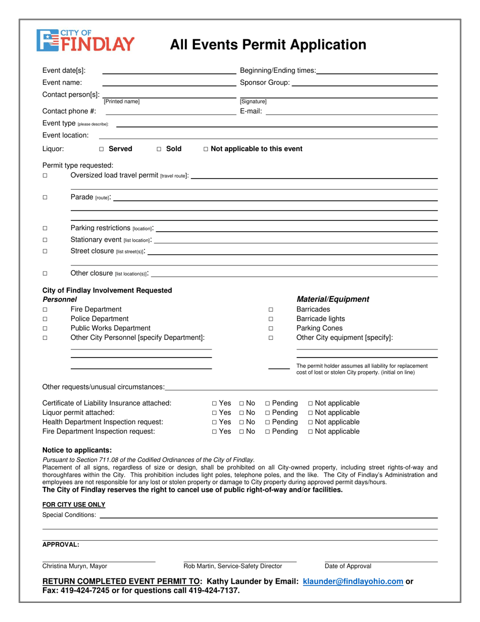 All Events Permit Application - City of Findlay, Ohio, Page 1