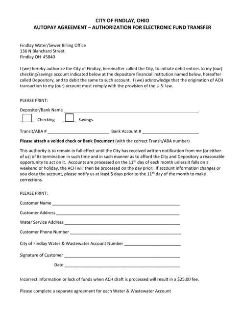 Autopay Agreement - Authorization for Electronic Fund Transfer - City of Findlay, Ohio Download Pdf