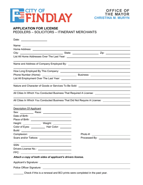 Application for License - Peddlers - Solicitors - Itinerant Merchants - City of Findlay, Ohio Download Pdf