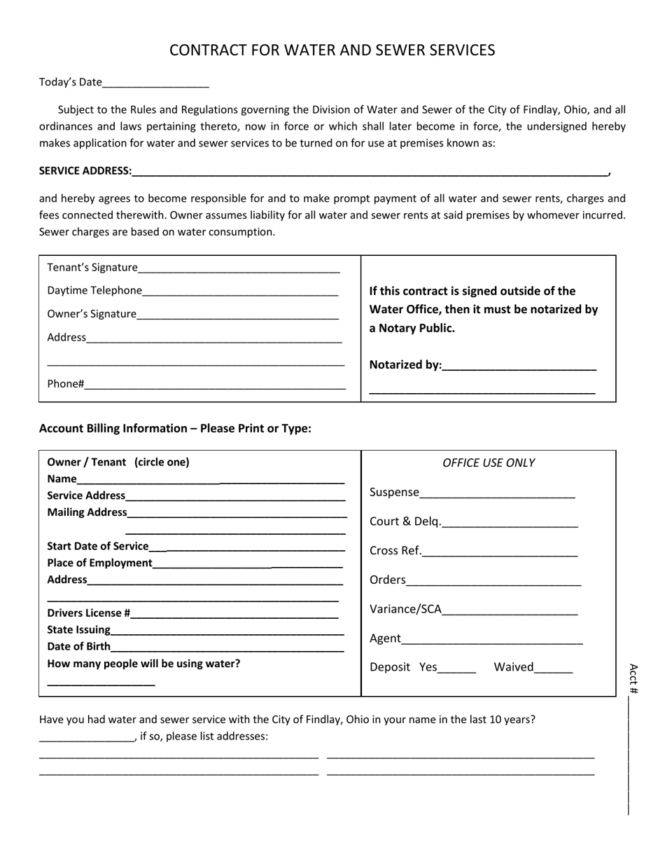 City of Findlay, Ohio Contract for Water and Sewer Services Fill Out
