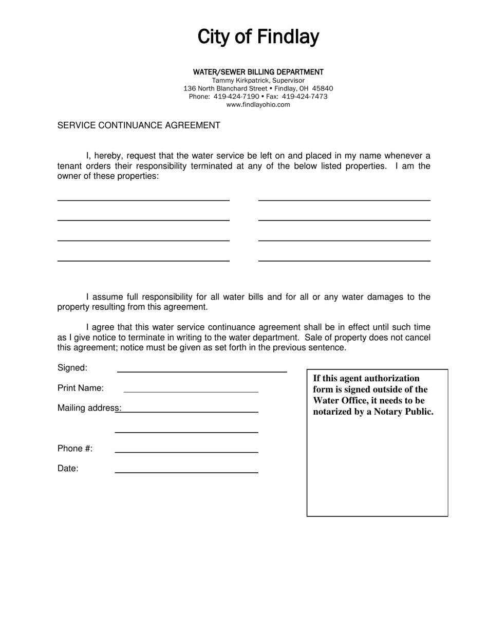 Service Continuance Agreement - City of Findlay, Ohio, Page 1