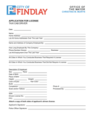 Document preview: Application for License - Taxi Cab Driver - City of Findlay, Ohio