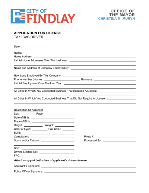 Application for License - Taxi Cab Driver - City of Findlay, Ohio
