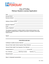 Document preview: Refuse Haulers License Application - City of Findlay, Ohio