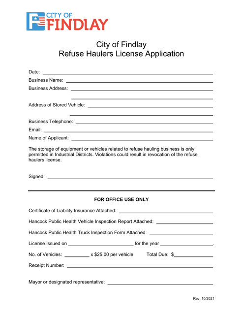 Refuse Haulers License Application - City of Findlay, Ohio Download Pdf