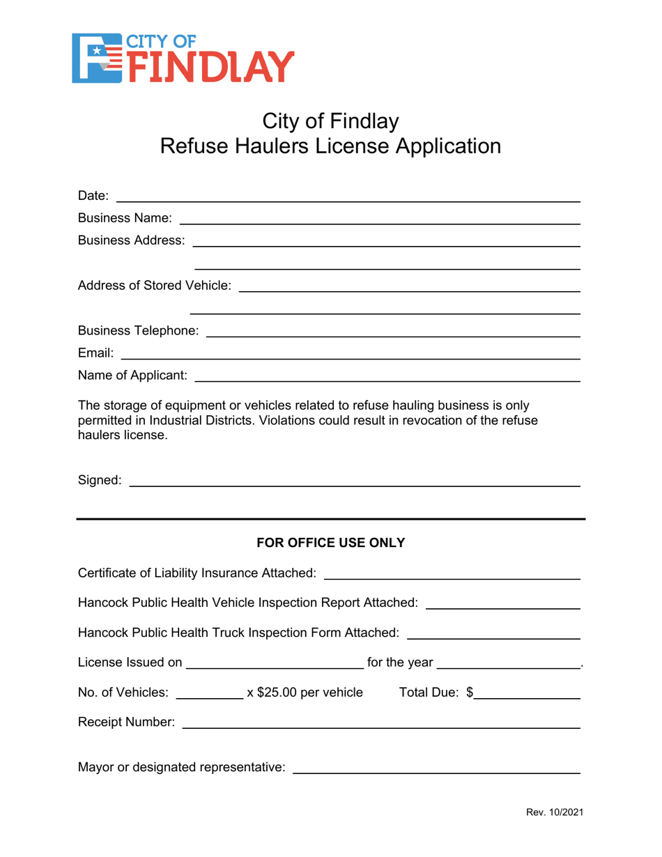 City of Findlay, Ohio Refuse Haulers License Application Fill Out