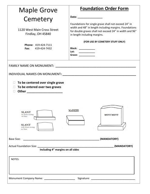 Foundation Order Form - Maple Grove Cemetery - City of Findlay, Ohio Download Pdf