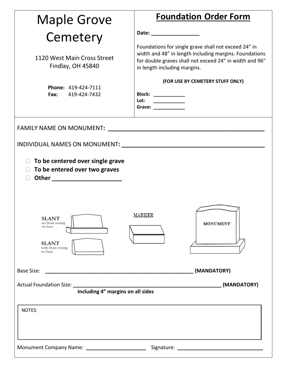Foundation Order Form - Maple Grove Cemetery - City of Findlay, Ohio, Page 1