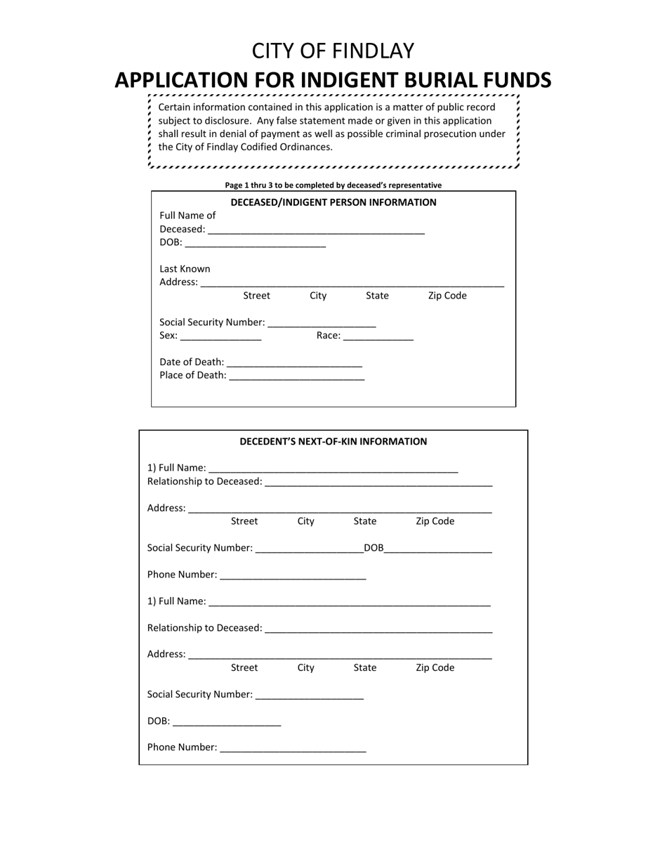 City of Findlay, Ohio Application for Indigent Burial Funds - Fill Out ...