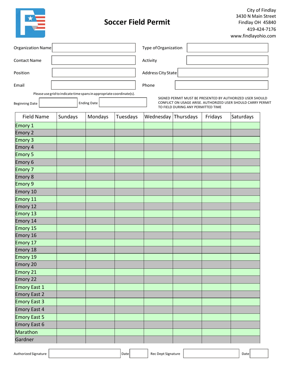 Soccer Field Permit - City of Findlay, Ohio, Page 1