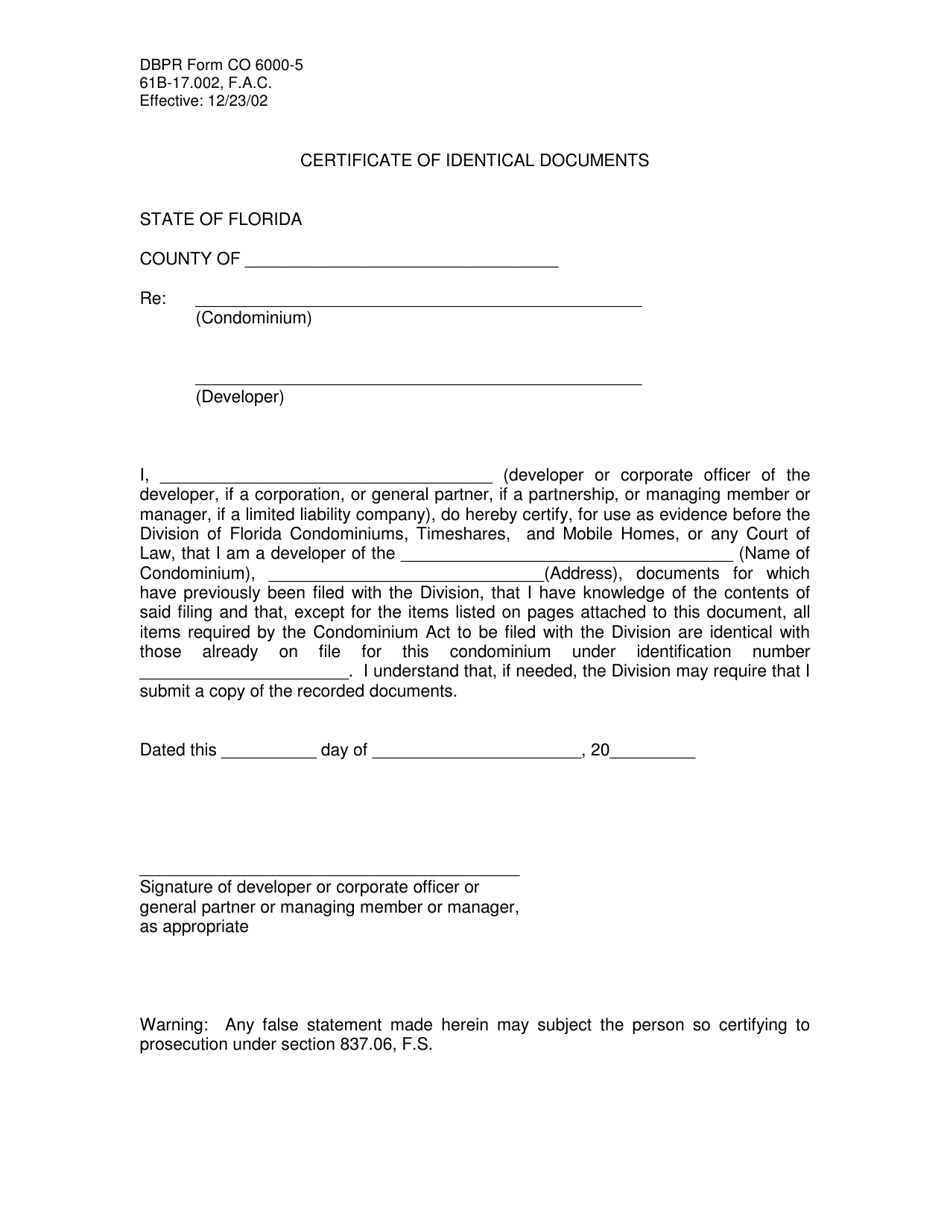 DBPR Form CO6000-5 Certificate of Identical Documents - Florida, Page 1