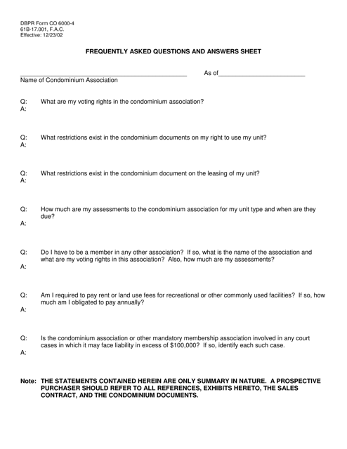 DBPR Form CO6000-4 Frequently Asked Questions and Answers Sheet - Florida