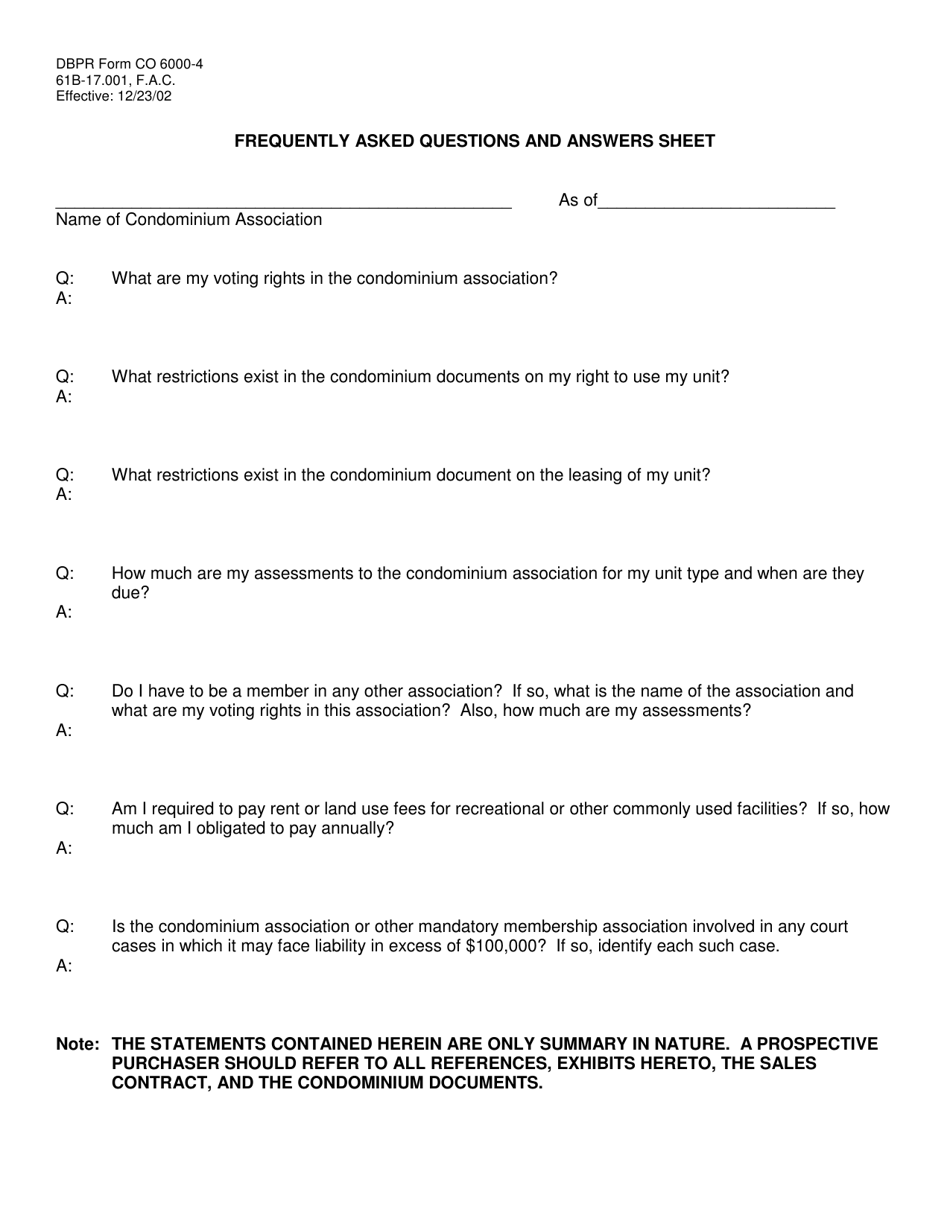 DBPR Form CO6000-4 Frequently Asked Questions and Answers Sheet - Florida, Page 1