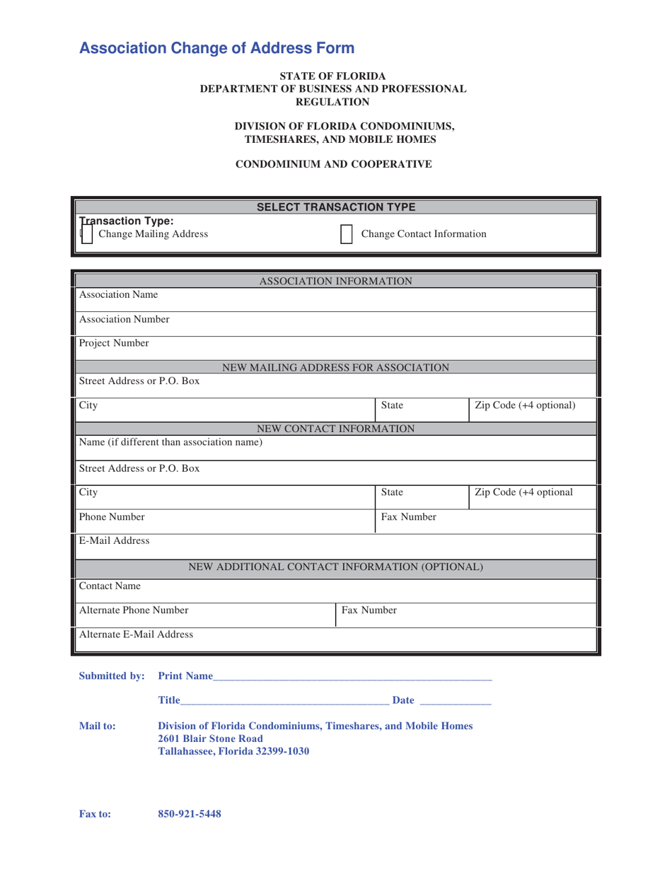 Association Change of Address Form - Florida, Page 1