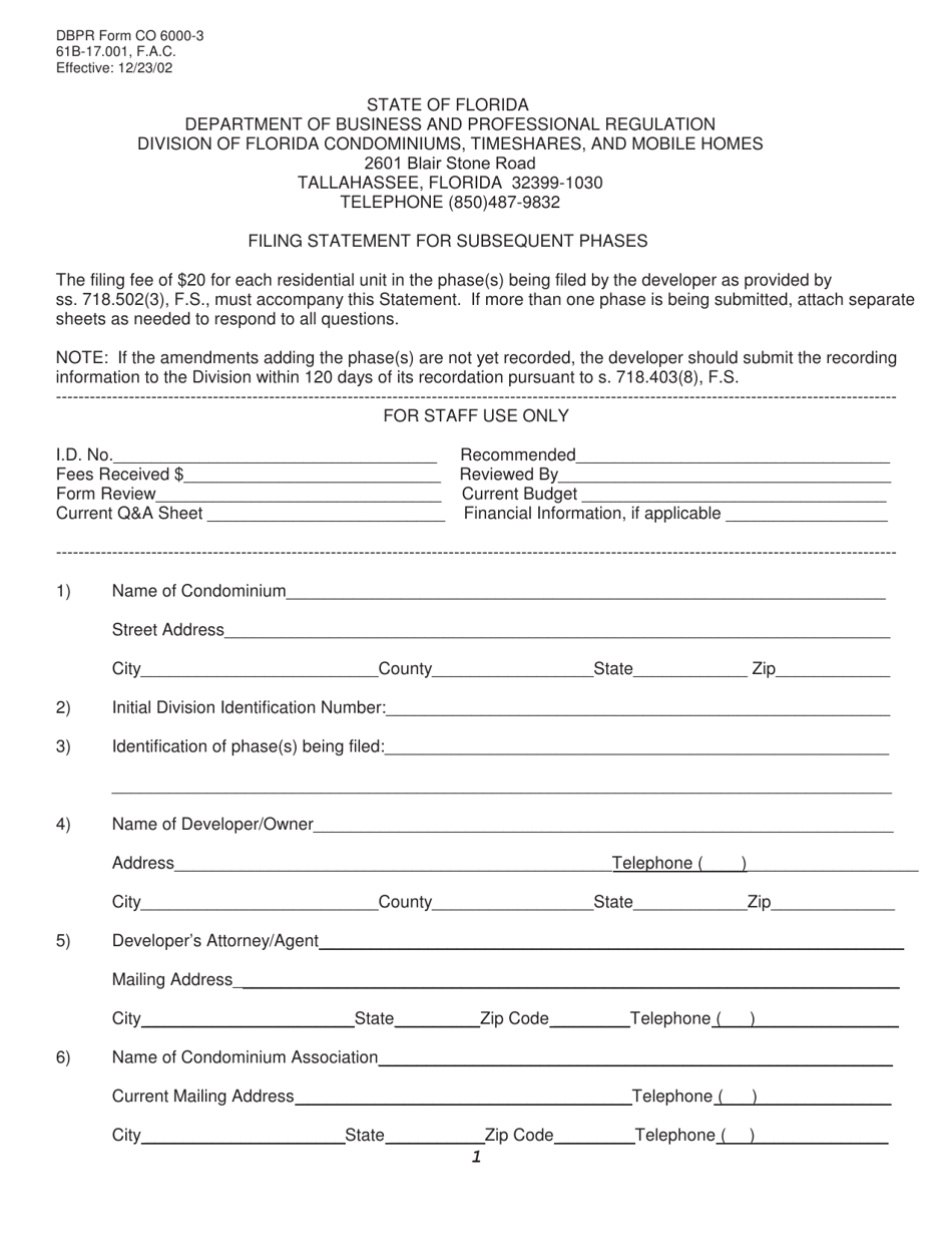 DBPR Form CO6000-3 Condominium Filing Statement for Subsequent Phases - Florida, Page 1