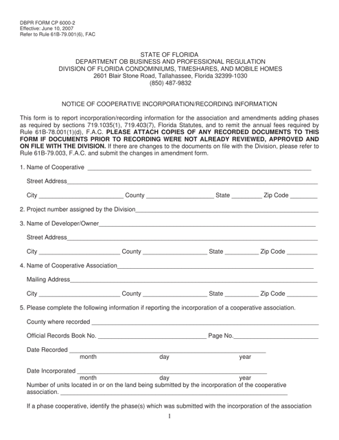 DBPR Form CP6000-2 Notice of Cooperative Incorporation/Recording Information - Florida