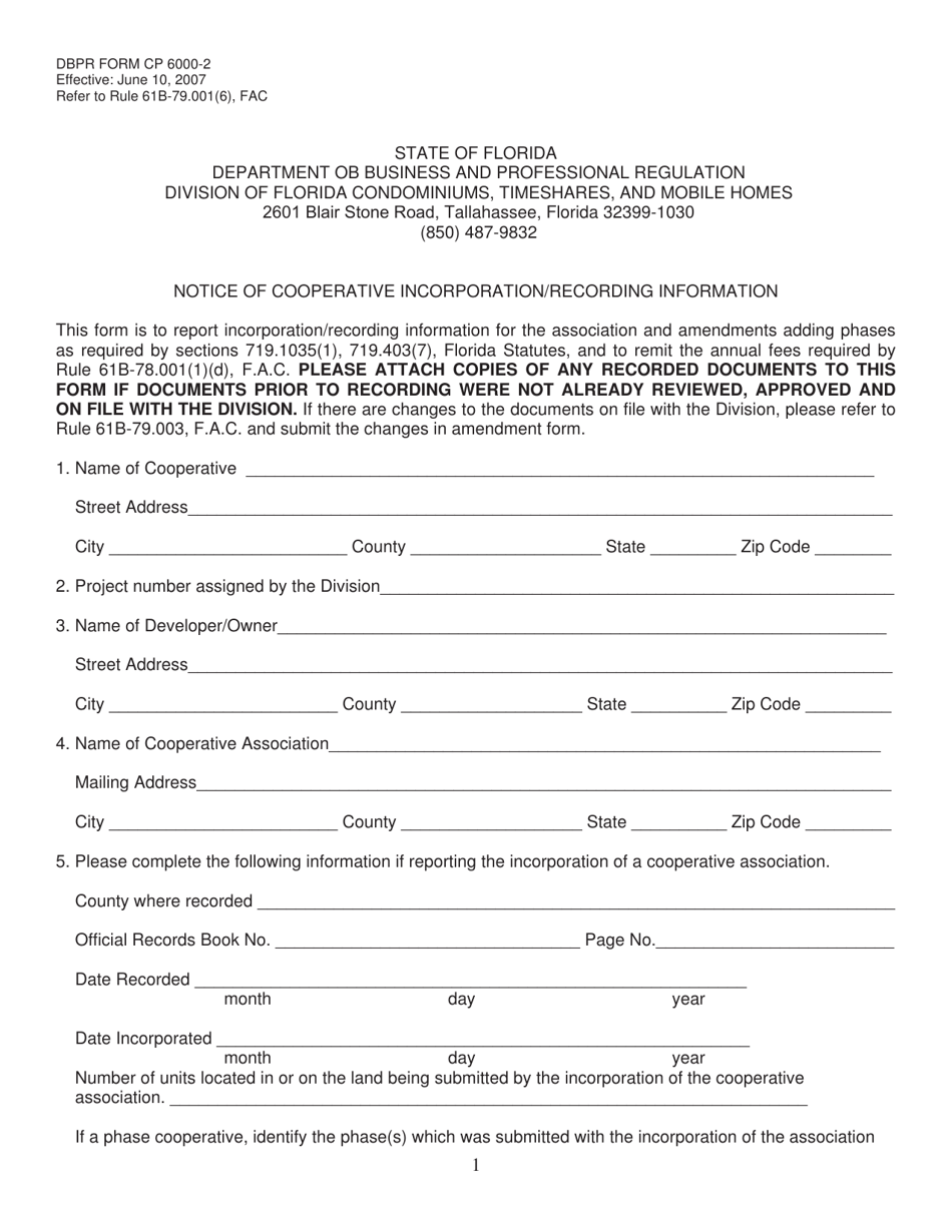 DBPR Form CP6000-2 Notice of Cooperative Incorporation / Recording Information - Florida, Page 1
