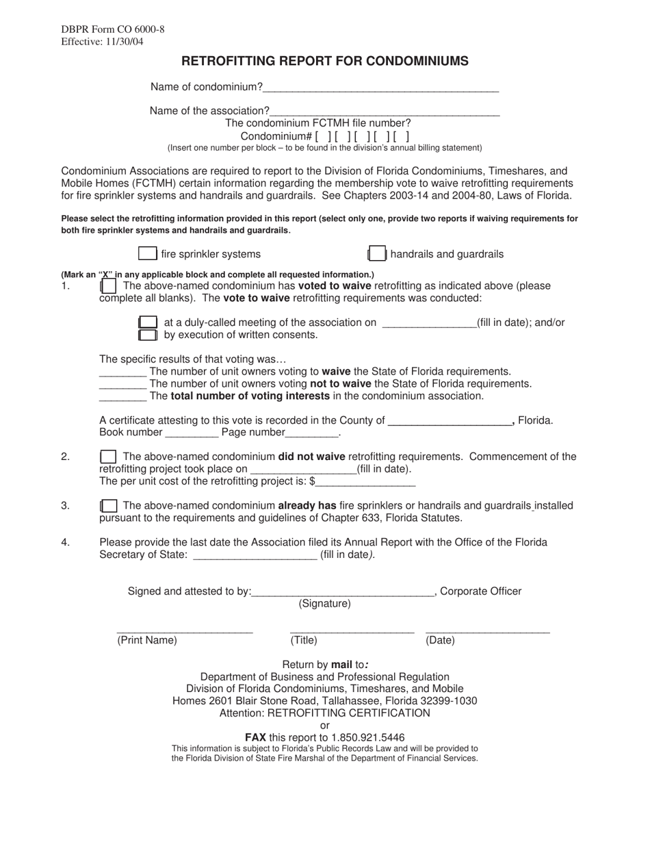 DBPR Form CO6000-8 Retrofitting Report for Condominiums - Florida, Page 1