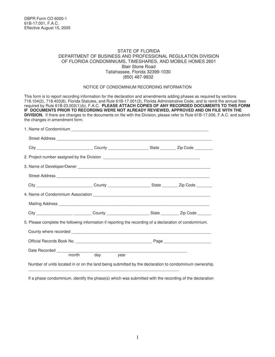 DBPR Form CO6000-1 Notice of Condominium Recording Information - Florida, Page 1