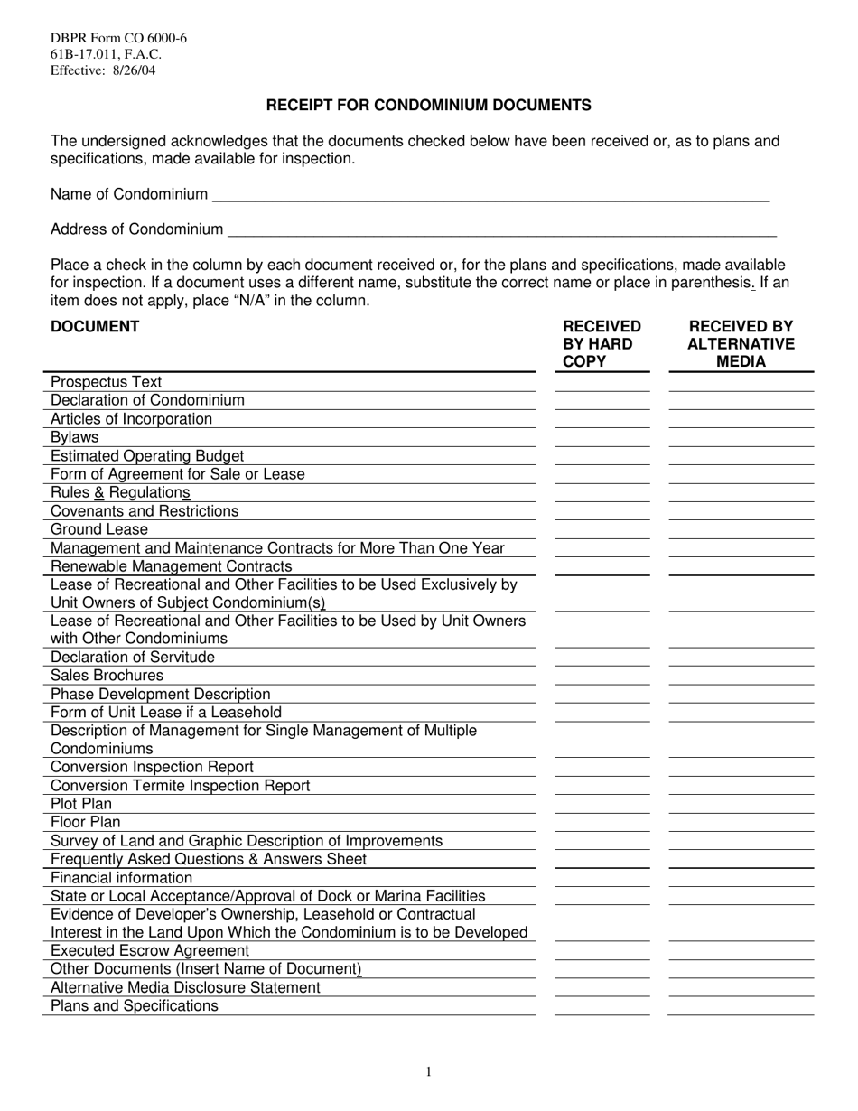 DBPR Form CO6000-6 Receipt for Condominium Documents - Florida, Page 1