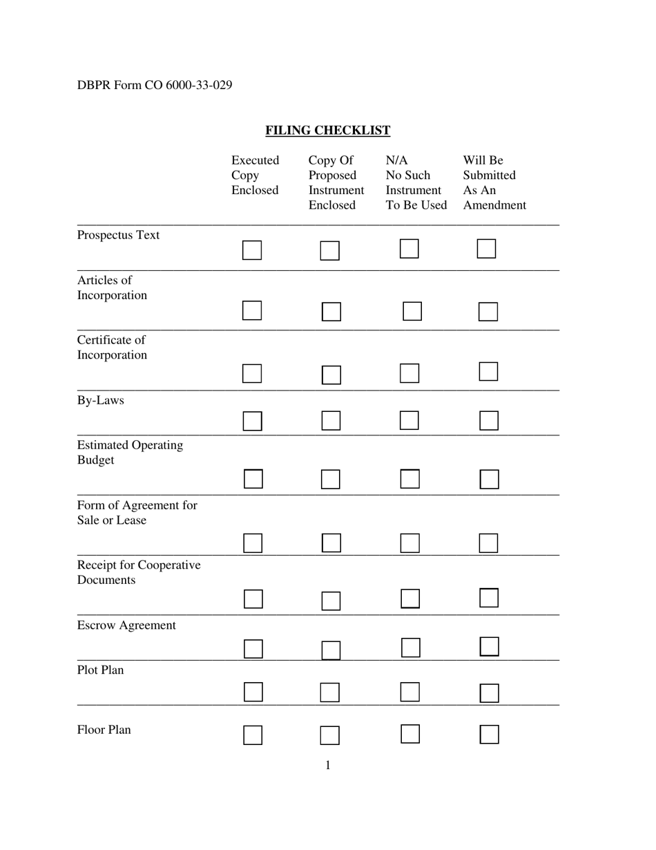 DBPR Form CO6000-33-029 Filing Checklist - Florida, Page 1
