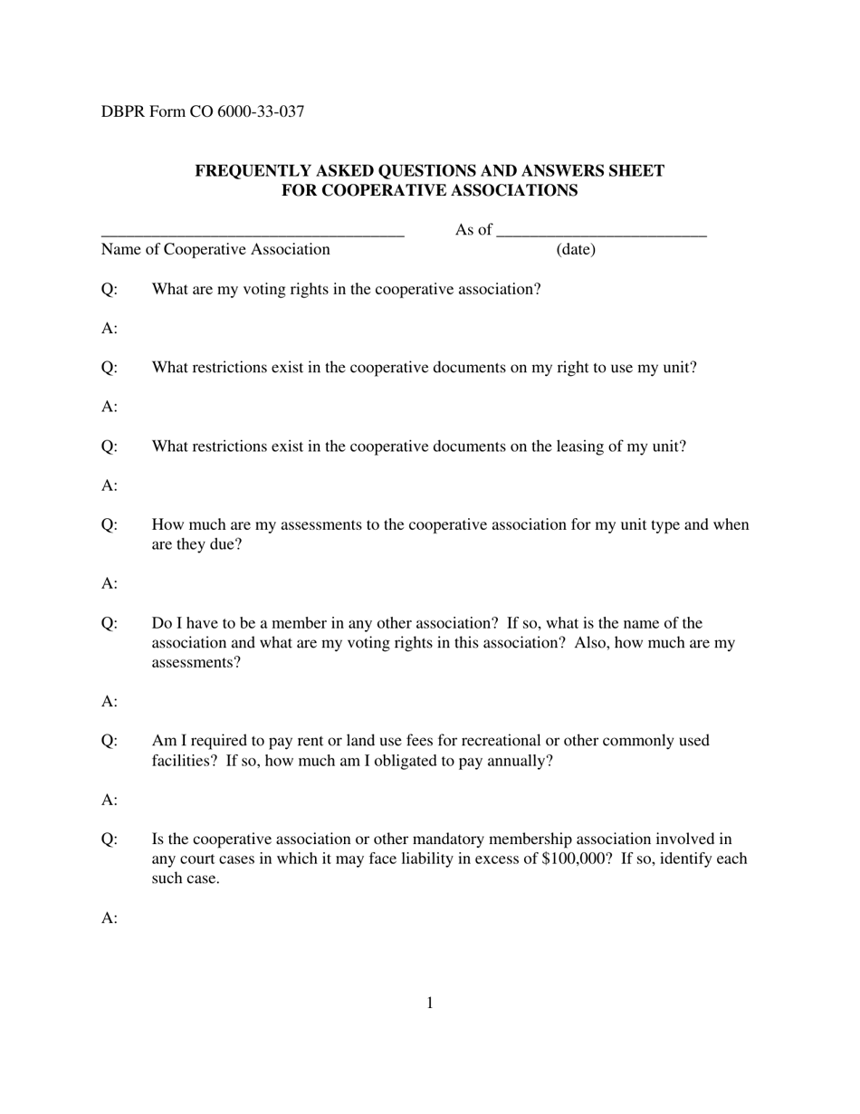 DBPR Form CO6000-33-037 Frequently Asked Questions and Answers Sheet for Cooperative Associations - Florida, Page 1