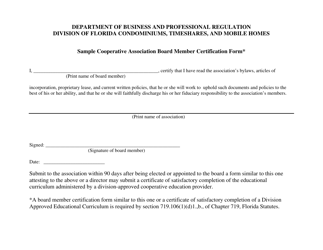 Document preview: Cooperative Association Board Member Certification Form - Florida
