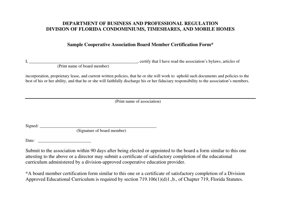 Cooperative Association Board Member Certification Form - Florida, Page 1