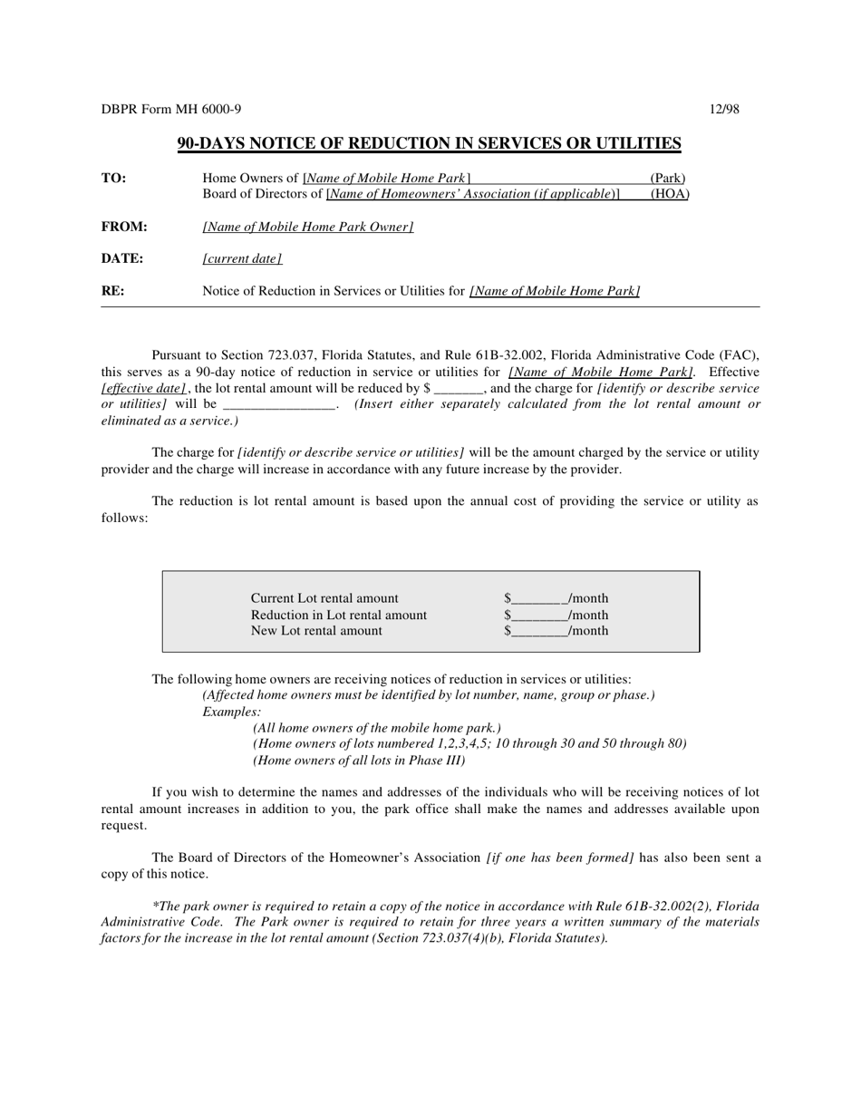 DBPR Form MH6000-9 90-days Notice of Reduction in Services or Utilities - Florida, Page 1