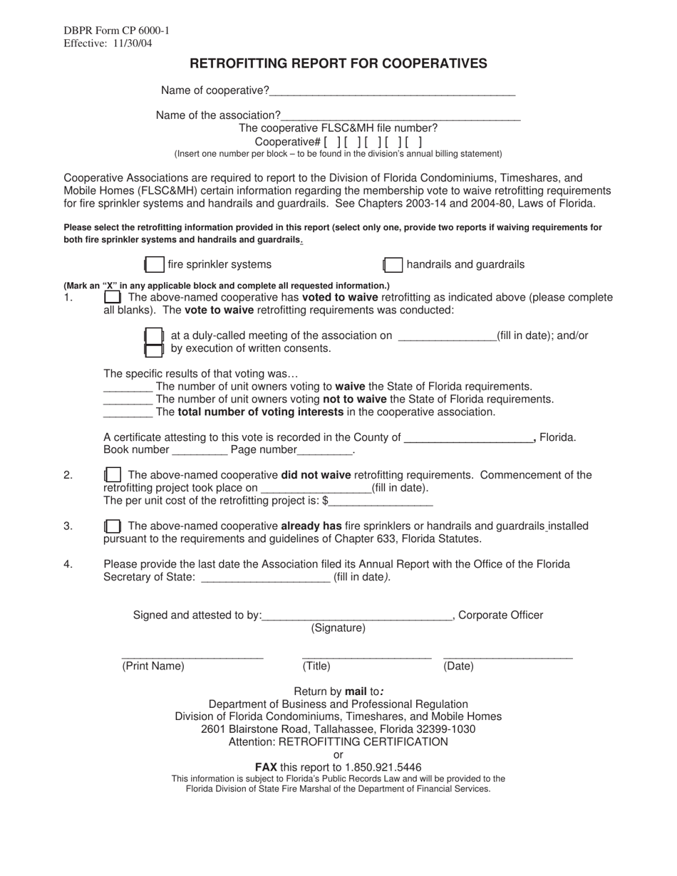 DBPR Form CP6000-1 Retrofitting Report for Cooperatives - Florida, Page 1