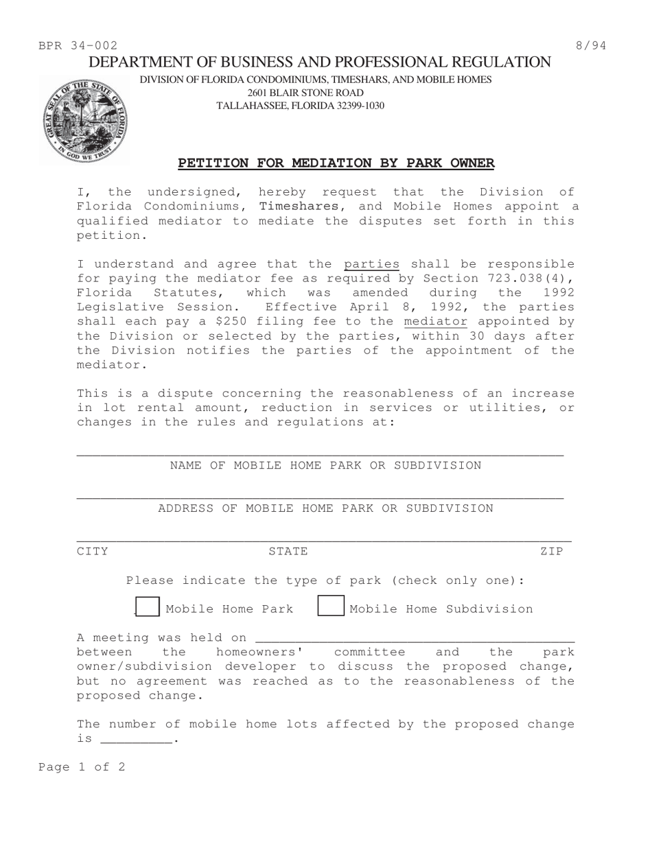 Form BPR34-002 Petition for Mediation by Park Owner - Florida, Page 1