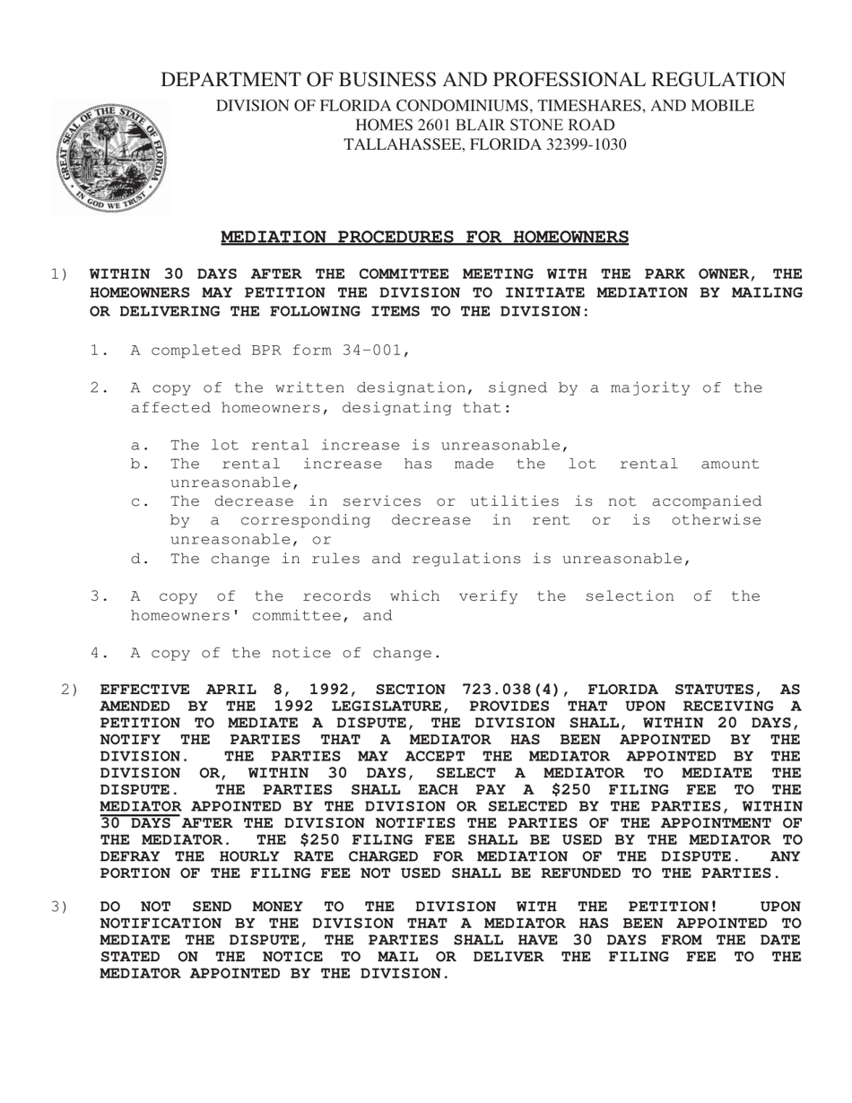 Form BPR34-001 Petition for Mediation by Homeowners - Florida, Page 1