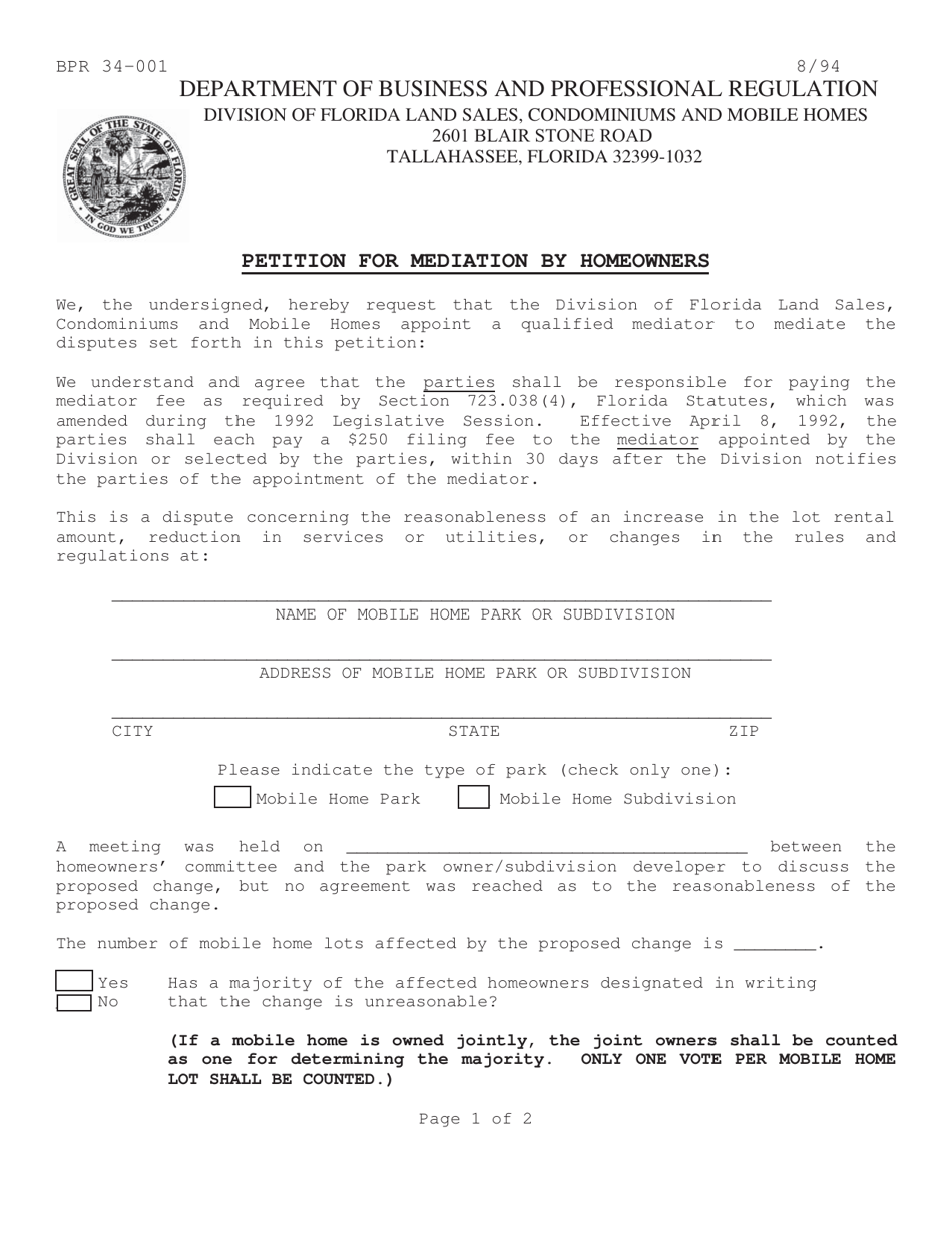 Form BPR34-001 Petition for Mediation by Homeowners - Florida, Page 2