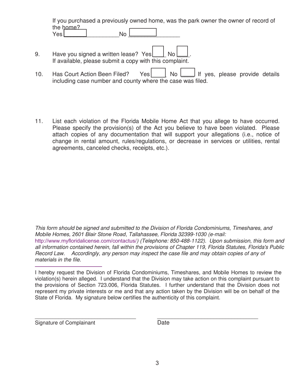 Mobile Home Complaint Form - Florida, Page 3