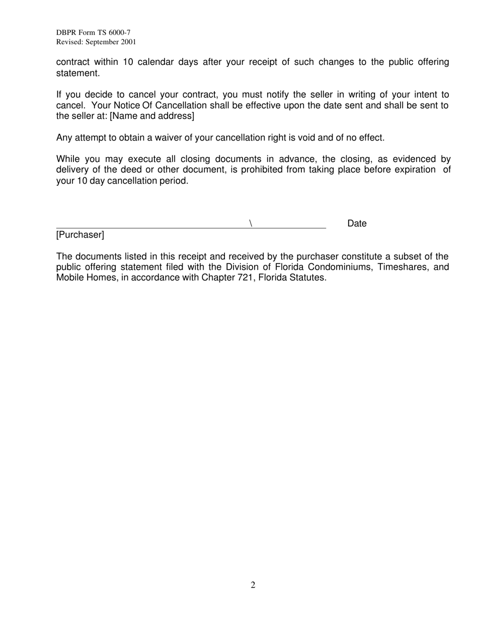 DBPR Form TS6000-7 Receipt for Timeshare Documents - Florida, Page 2